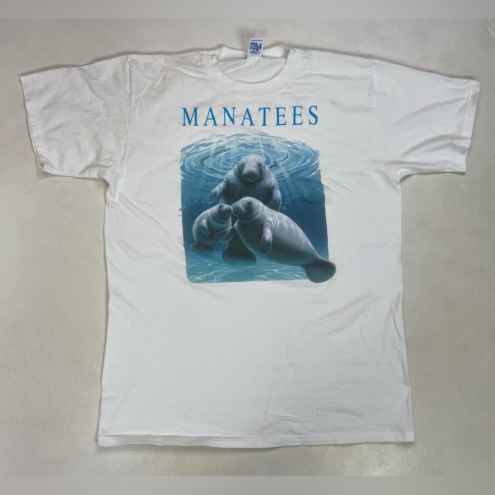 VINTAGE Manatees Graphic T-shirt Men Large White Short Sleeve USA 90s
